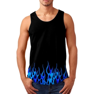 Close-up of men's athletic tank top featuring blue flame gradient print on dark black fabric
