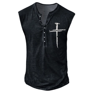 Men's acid wash black sleeveless Henley shirt with white studded cross print design