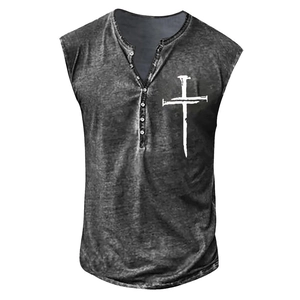 Men's vintage grey sleeveless Henley shirt with button placket and cross print