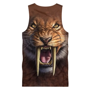Detailed close-up of 3D sabre-tooth tiger print on brown mesh sleeveless tank top