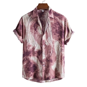 Men's casual short sleeve shirt with abstract purple 3D marble print and lapel collar