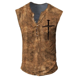 Men's vintage brown sleeveless henley shirt with seven buttons and a cross print