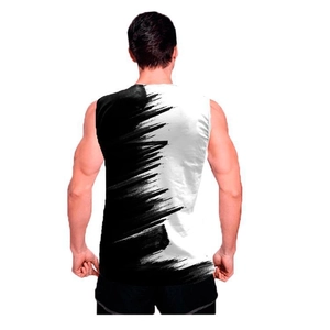 Detail of the back view of a men's tank top with black and white 3D ink splash print