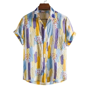 Detail of abstract art print on men's short sleeve shirt with collar and size M label