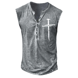 Men's vintage washed grey sleeveless Henley tank top with white cross print design