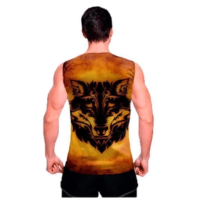 Detailed back view of wolf totem print on vintage orange men's athletic tank top