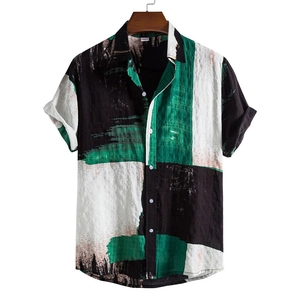 Close-up of modern abstract brushstroke print on breathable men's short sleeve shirt