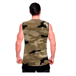 Rear view of men's athletic tank top with 3D camouflage digital print in khaki tones