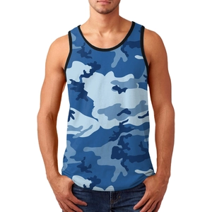 Detail of blue camouflage 3D printed athletic vest with black trim and slim fit design