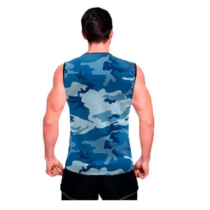 Rear view of a men's athletic camouflage tank top featuring a blue and grey abstract pattern