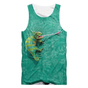 Men's green tie-dye mesh tank top featuring a realistic 3D chameleon digital print
