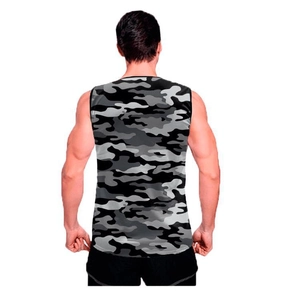 Rear view of a men's camouflage sports vest with 3D digital print and athletic fit design