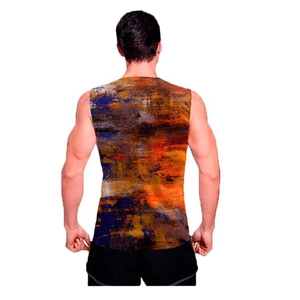 Close-up of men's tank top back featuring vivid abstract oil painting digital print