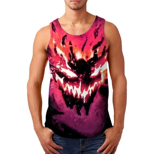 Detail of 3D monster print on men sleeveless tank top with fiery red and purple patterns