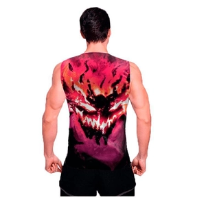 Detail of 3D digital monster print on back of men's athletic sleeveless tank top