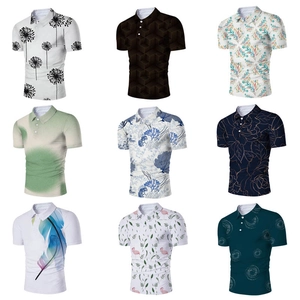 Collage di nove polo da uomo con diverse stampe digitali 3D floreali e geometriche