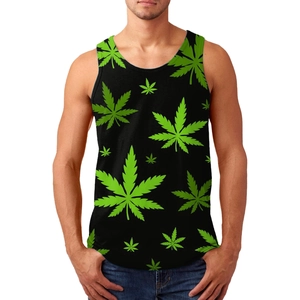 Detail of men's tank top featuring green leaf 3D print on a black premium fabric