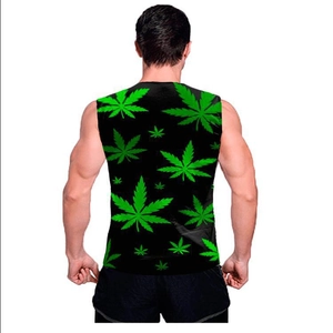 Detailed back view of a slim fit men's tank top with green cannabis leaf digital prints