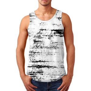 Detailed close-up of men's white sleeveless vest with black distressed stripe pattern