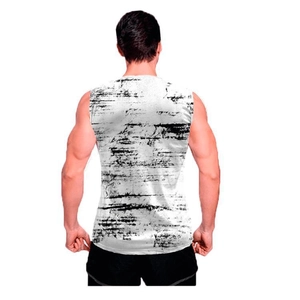 Detailed back view of men's tank top showing grunge style digital print and athletic fit