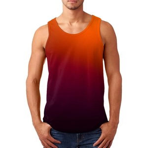 Detail view of men's tank top with vibrant orange to purple vertical gradient design