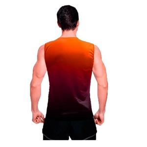 Rear view of men's athletic vest with 3D gradient digital print from orange to black