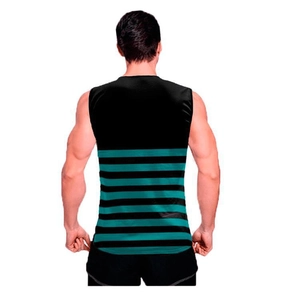 Rear view of men's athletic vest featuring black and teal striped print on breathable fabric