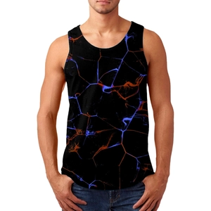 Close-up of mens tank top with blue and orange abstract crackle marble print pattern