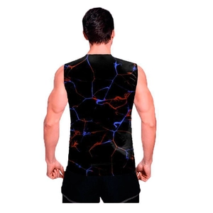 Detailed back view of men's athletic tank top with red and blue 3D geometric patterns