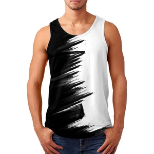 Men's 3D print sleeveless tank top with black splash art on white athletic vest