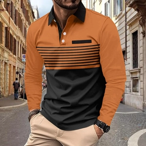 Men's long sleeve Polo shirt with orange and black color block design and striped chest detail