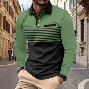 Men's long sleeve polo shirt with olive green and black color block and chest stripes