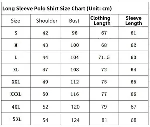 Size chart for 3D printed long sleeve Polo shirt with measurements from S to 5XL