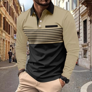 Men's Casual Long Sleeve Polo Shirt Fashion Color Block Patchwork Striped Top Trendy Spring Autumn Polo Shirt For Men
