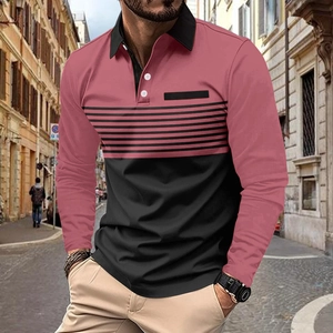 Detail of men's polo shirt with contrast paneling, long sleeves and buttoned collar