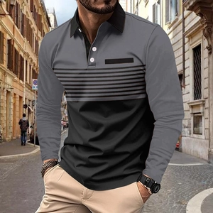 Men's slim fit long sleeve polo shirt with grey and black patchwork and striped pocket