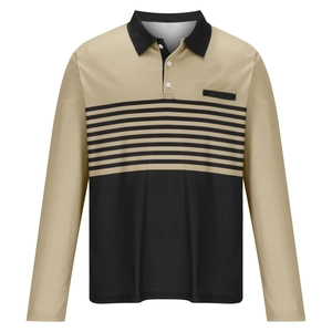 Detail view of khaki and black colorblock polo shirt with striped chest and button collar