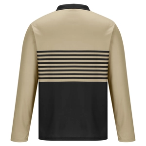 Detail of long-sleeved polo shirt back featuring khaki and black color-block stripes