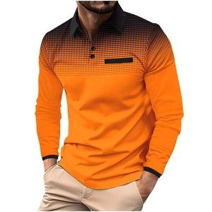 Detail of men's orange long sleeve Polo shirt featuring black gradient dot print and collar