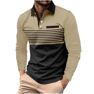 Men's long sleeve polo shirt featuring khaki and black contrast panels and collared neck