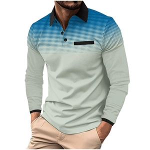 Close-up of men's polo shirt featuring blue polka dot gradient and black collar detail