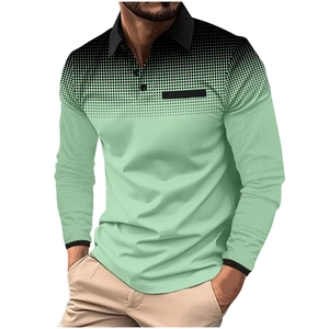 Detail of mint green long sleeve polo shirt featuring black polka dot gradient print