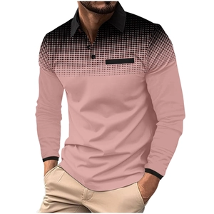 Close-up of pink men's polo shirt with black gradient dot print and collar detail