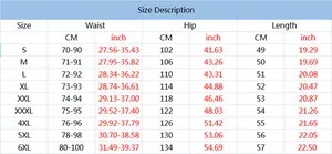 Detailed size chart for men's shorts showing waist and hip measurements from S to 6XL