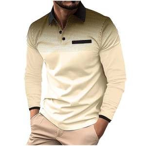 Close-up of the black collar and gradient polka dot pattern on long sleeve polo shirt