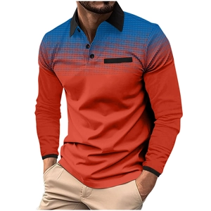 Detail of men's orange long sleeve polo shirt with blue gradient dot print and black collar