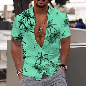 Détail de la chemise homme vert menthe à manches courtes avec imprimé tropical de palmiers