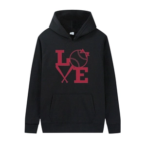 Black casual drawstring hoodie with creative red Love baseball pattern on the front