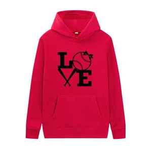 Red hooded sweatshirt with Love baseball print and a front kangaroo pocket design
