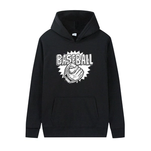 Close-up of baseball graphic print and size S label on black drawstring hoodie